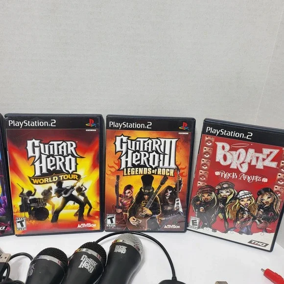 PlayStation 2, 5 Game Bundle, Guitar Hero Microphones, and accessories "Untested - Picture 2 of 9